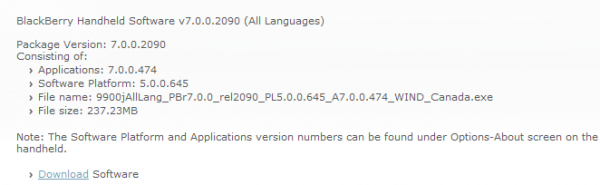 BlackBerry Bold 9900 OS Version 7.0.0.474 von WIND Canada