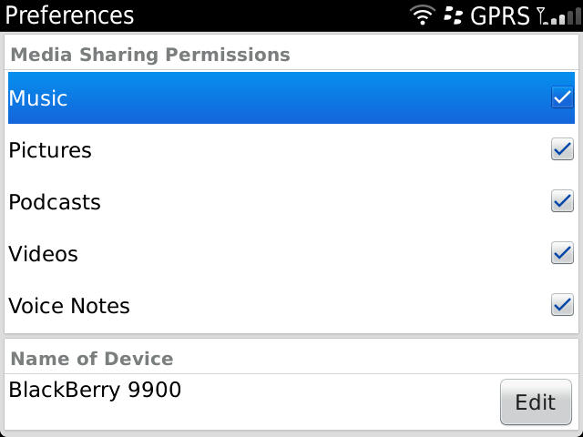 BlackBerry DLNA Optionen
