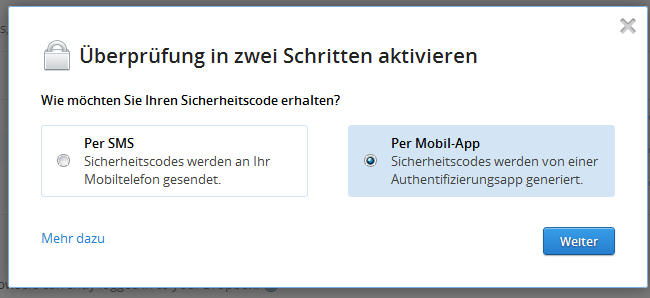 Dropbox TFA per Mobil-App