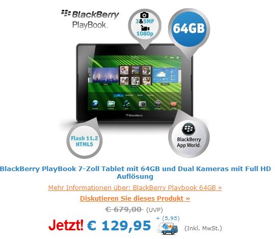 Deal: BlackBerry PlayBook 64GB für 136€ bei iBood