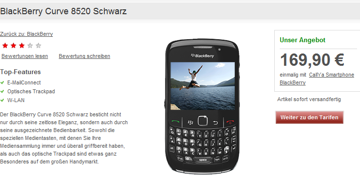 CallYa PrePaid BlackBerry Tarif von Vodafone BlackBerry Curve